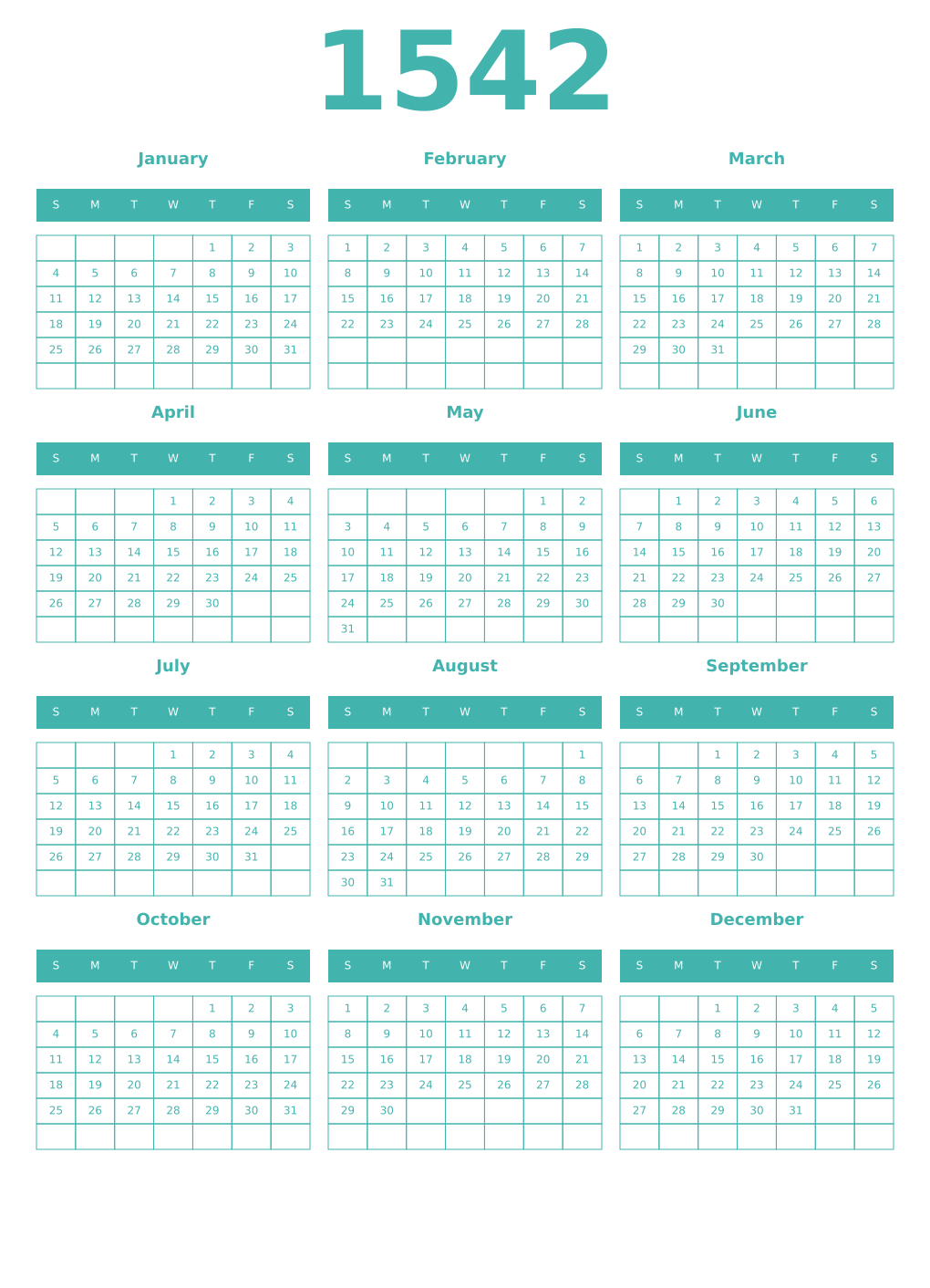 Printable 1542 Year Calendars verdigris
