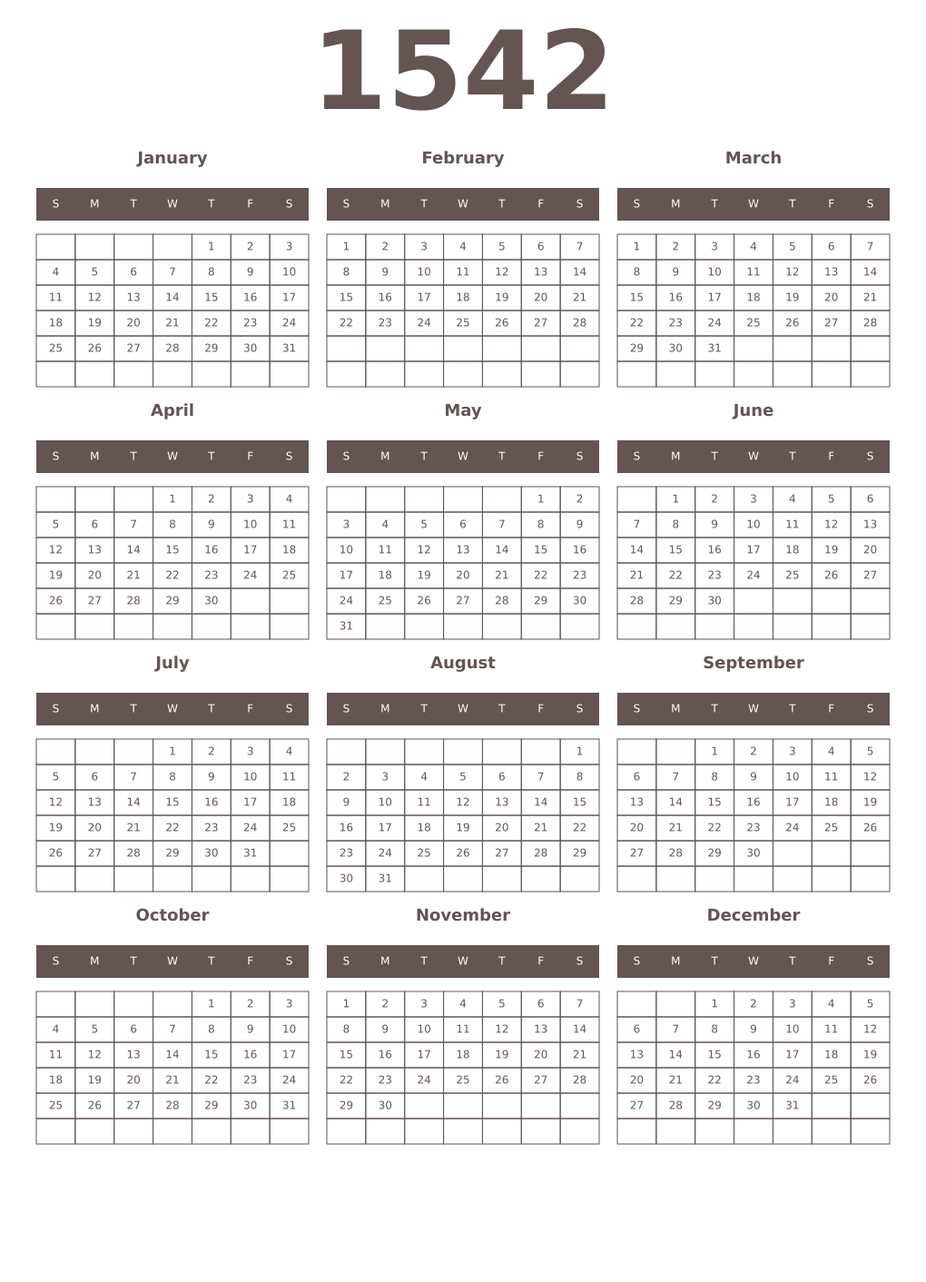 Printable 1542 Year Calendars wenge