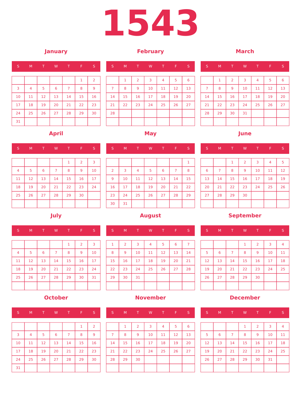 Printable 1543 Year Calendars amaranth