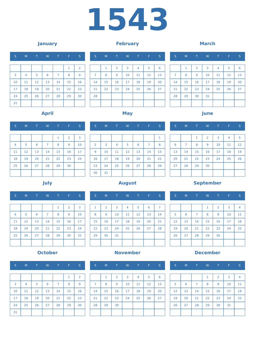 Printable 1543 Year Calendars blue