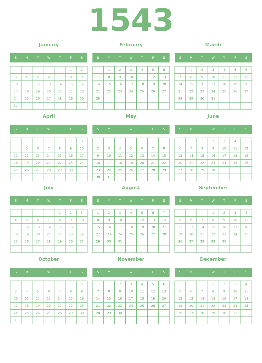 Printable 1543 Year Calendars celadon