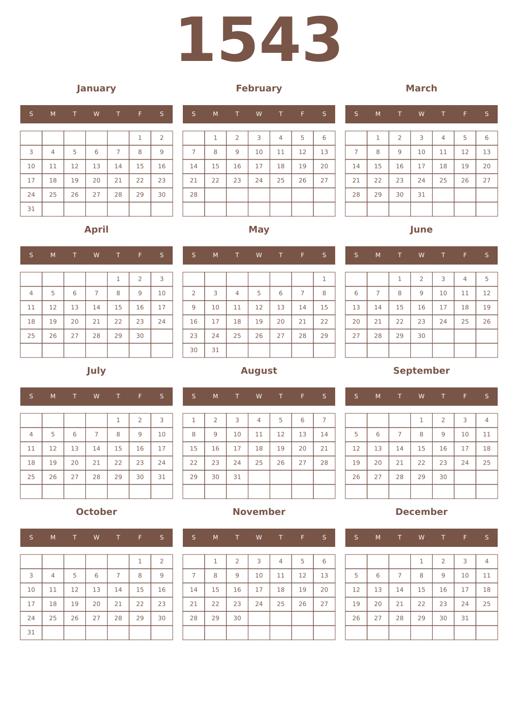 Printable 1543 Year Calendars coffe