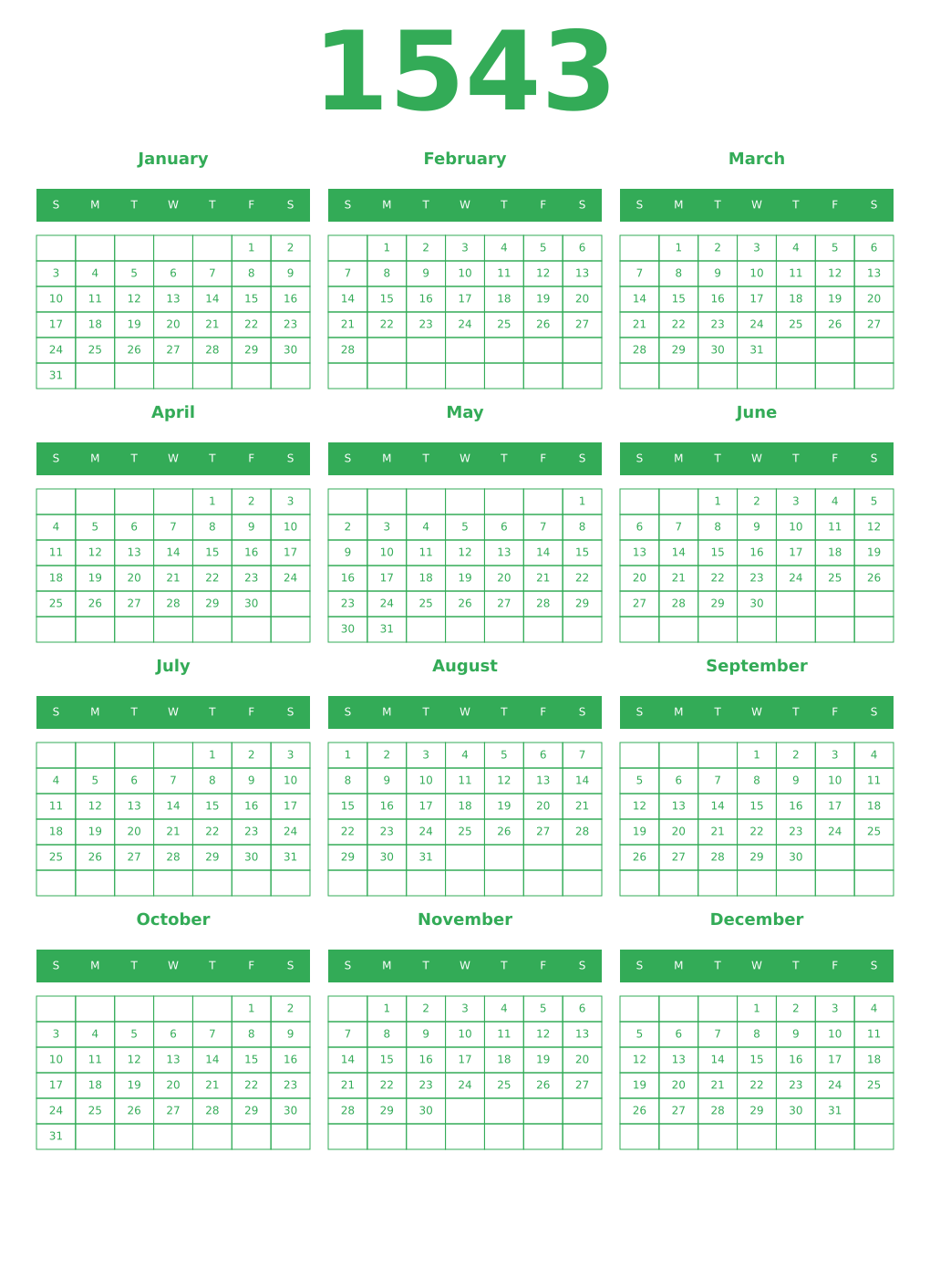 Printable 1543 Year Calendars green