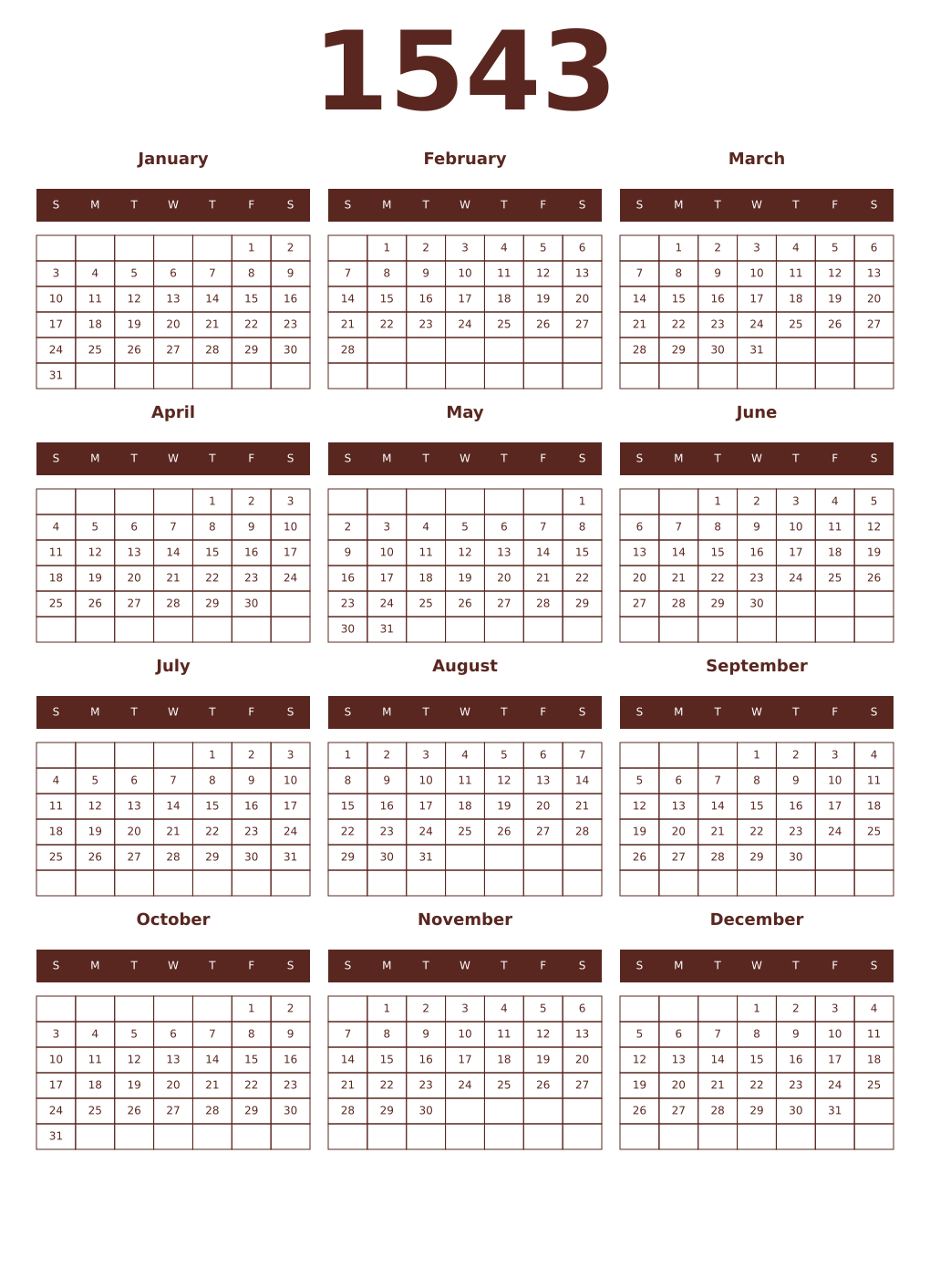 Printable 1543 Year Calendars mortuum