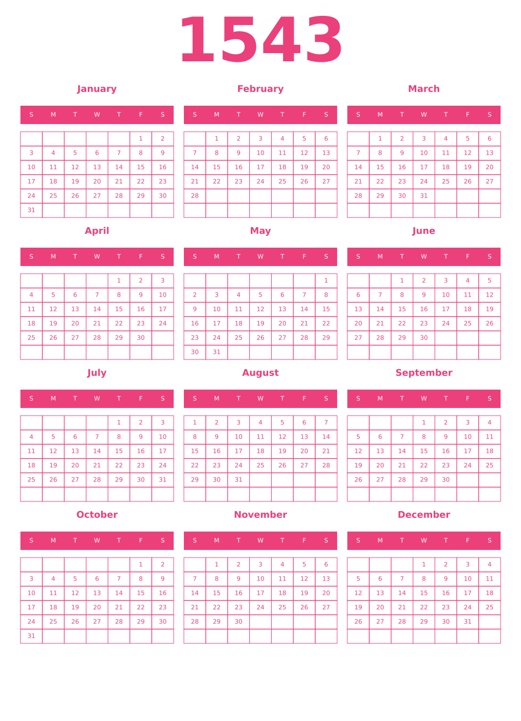 Printable 1543 Year Calendars pink