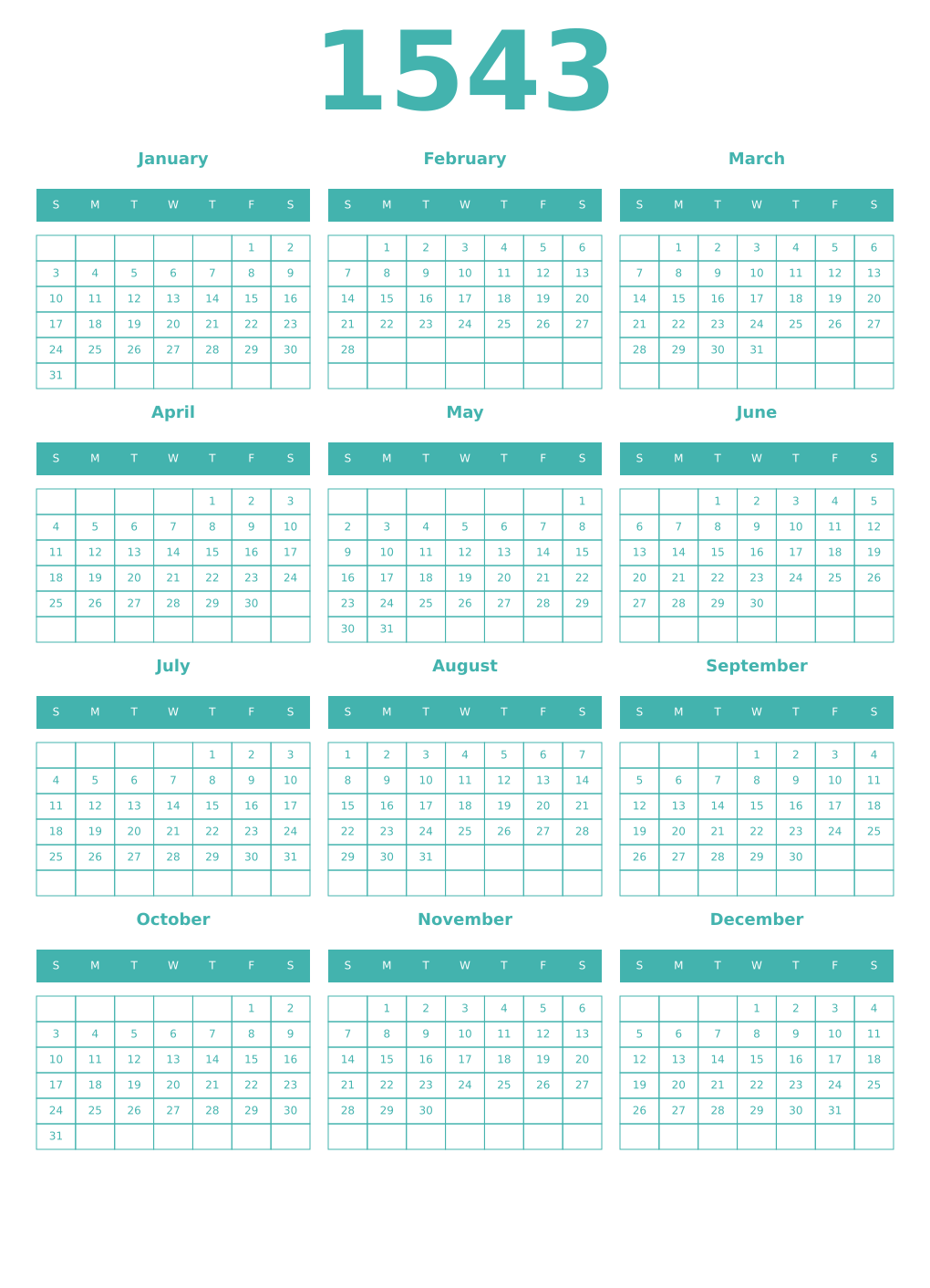 Printable 1543 Year Calendars verdigris