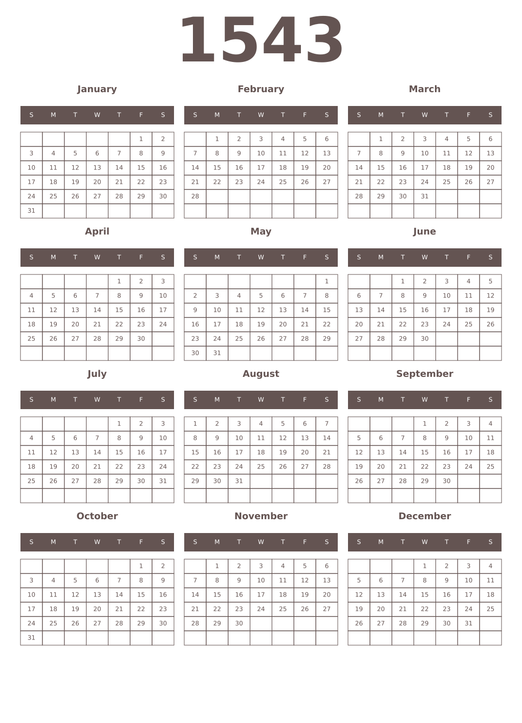 Printable 1543 Year Calendars wenge