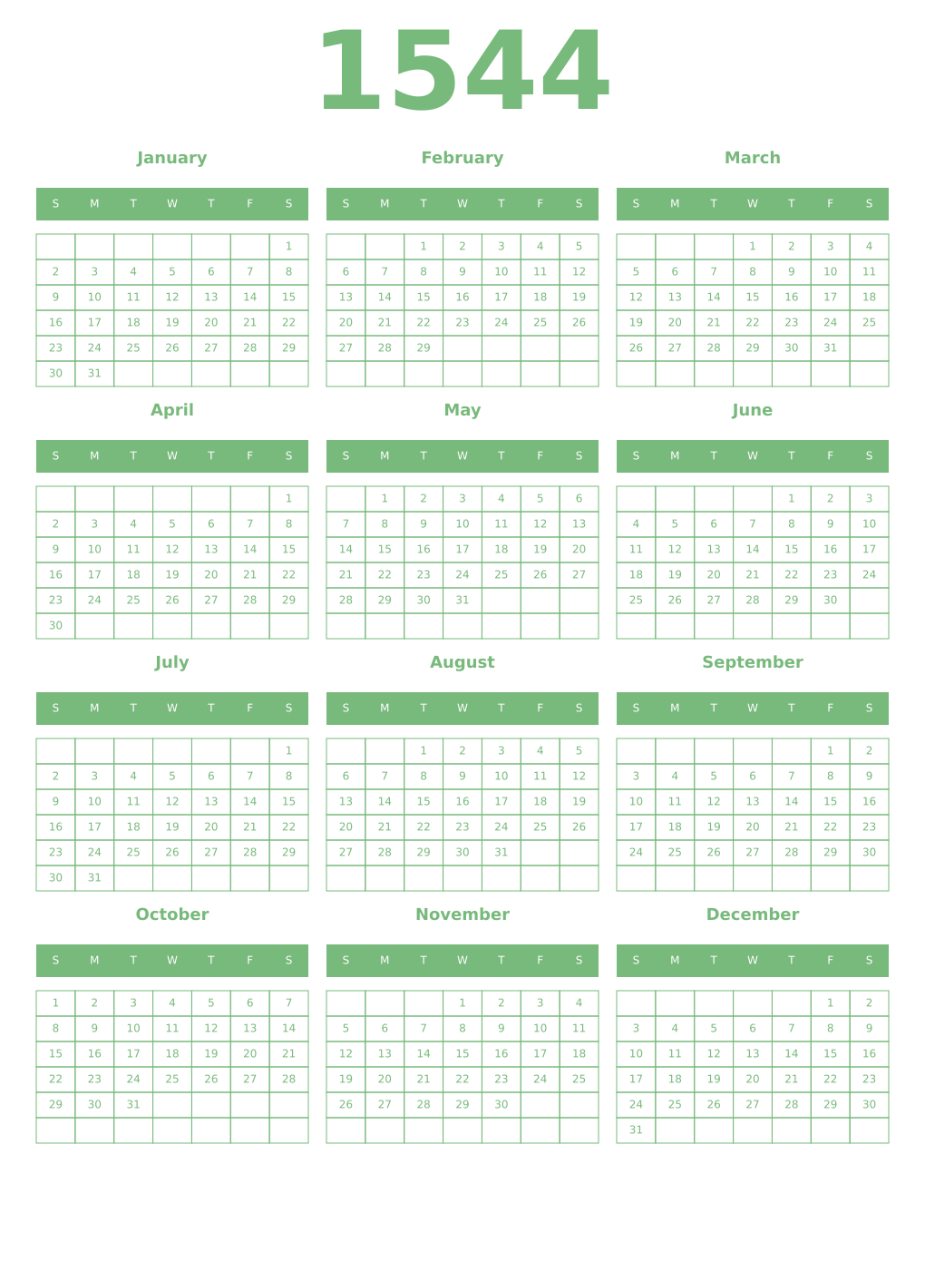 Printable 1544 Year Calendars celadon