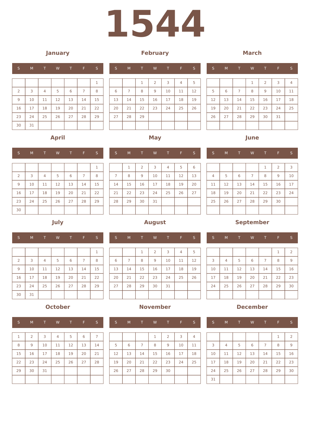 Printable 1544 Year Calendars coffe