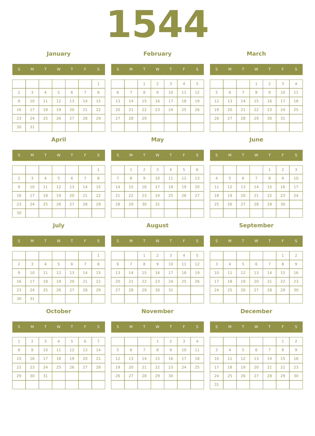 Printable 1544 Year Calendars eburnean