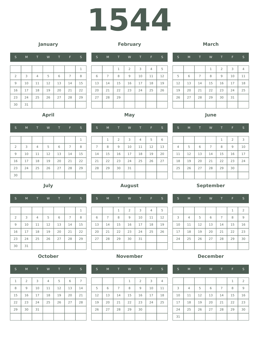 Printable 1544 Year Calendars feldgrau