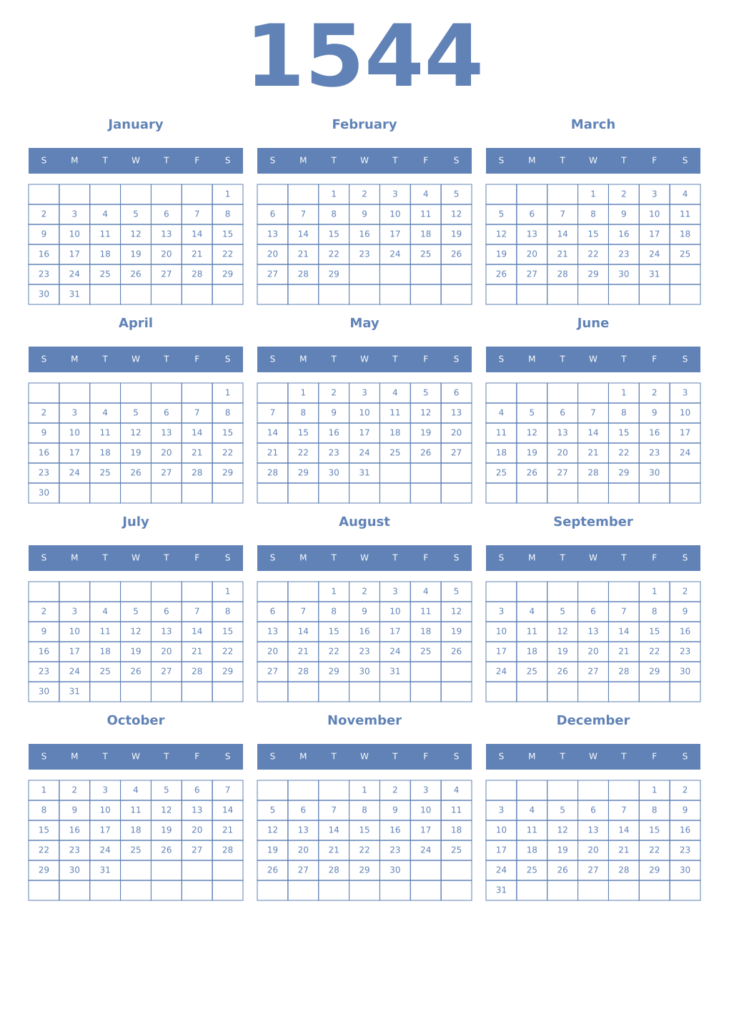 Printable 1544 Year Calendars glaucous