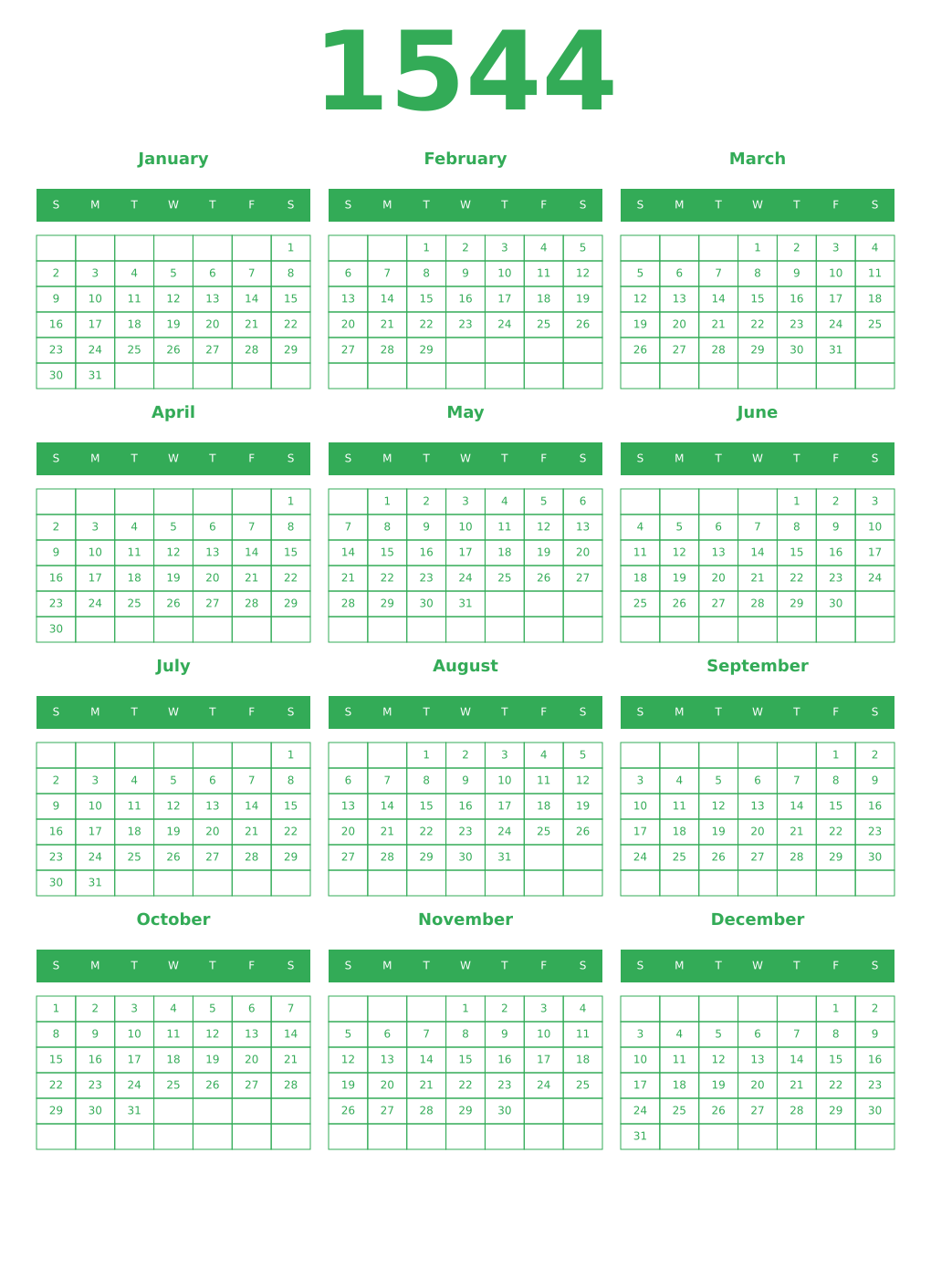 Printable 1544 Year Calendars green