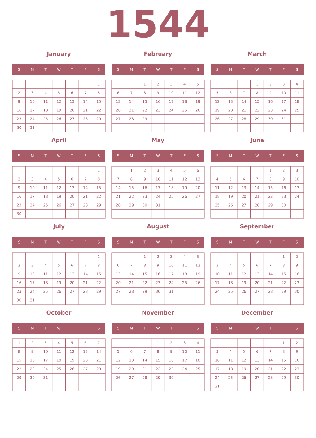 Printable 1544 Year Calendars puce