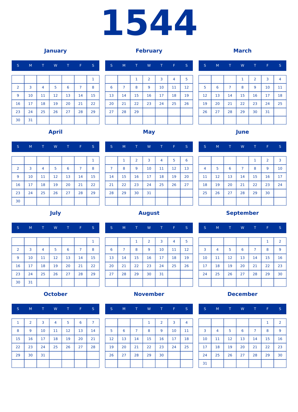 Printable 1544 Year Calendars smalt