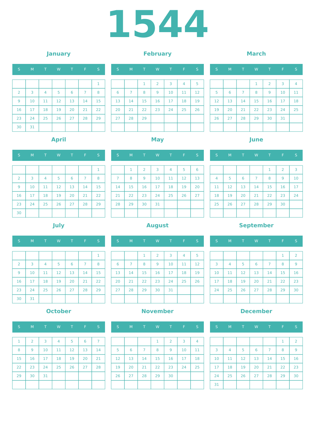 Printable 1544 Year Calendars verdigris