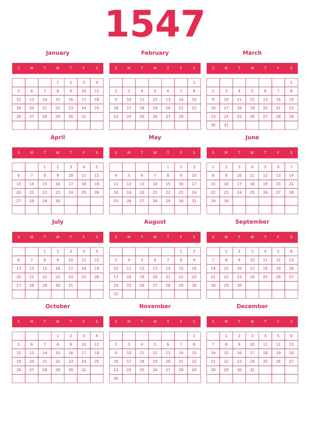 Printable 1547 Year Calendars amaranth