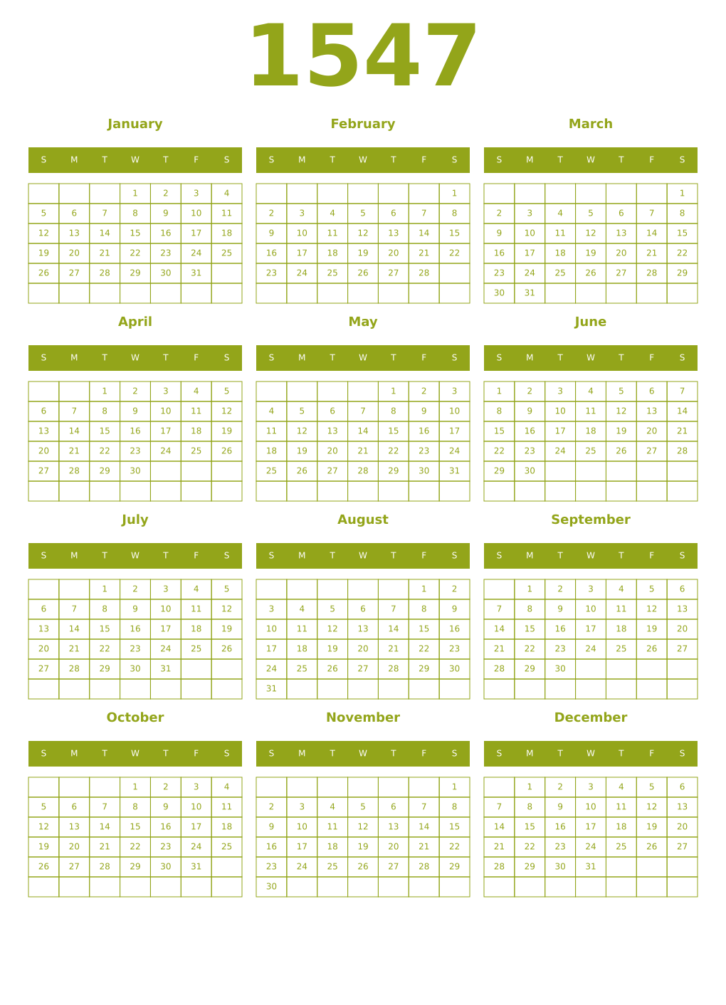 Printable 1547 Year Calendars chartreuse