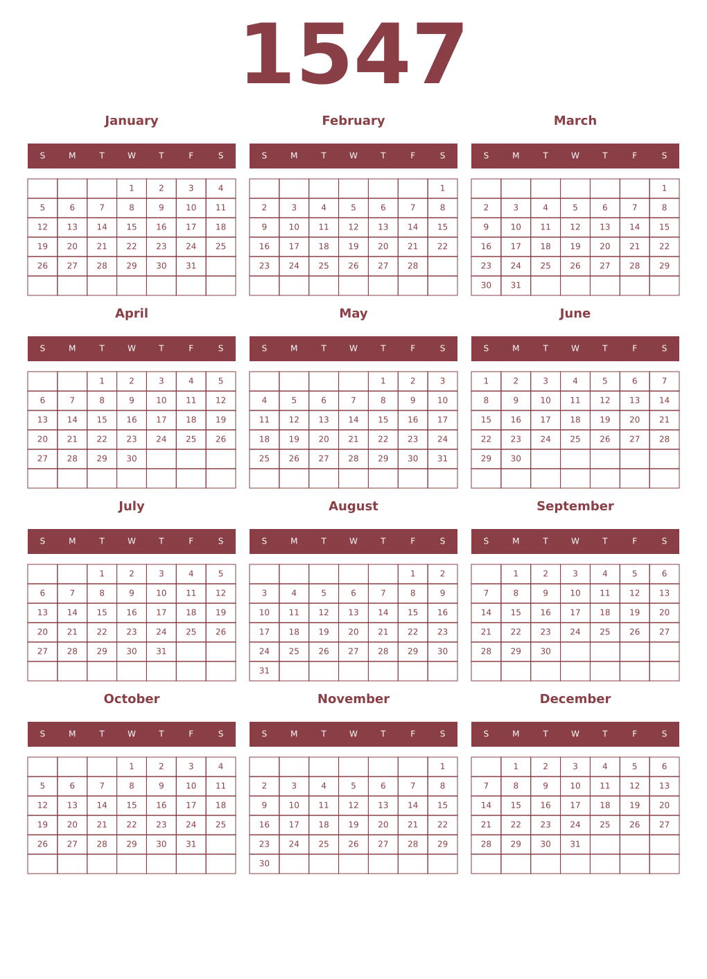 Printable 1547 Year Calendars cordovan