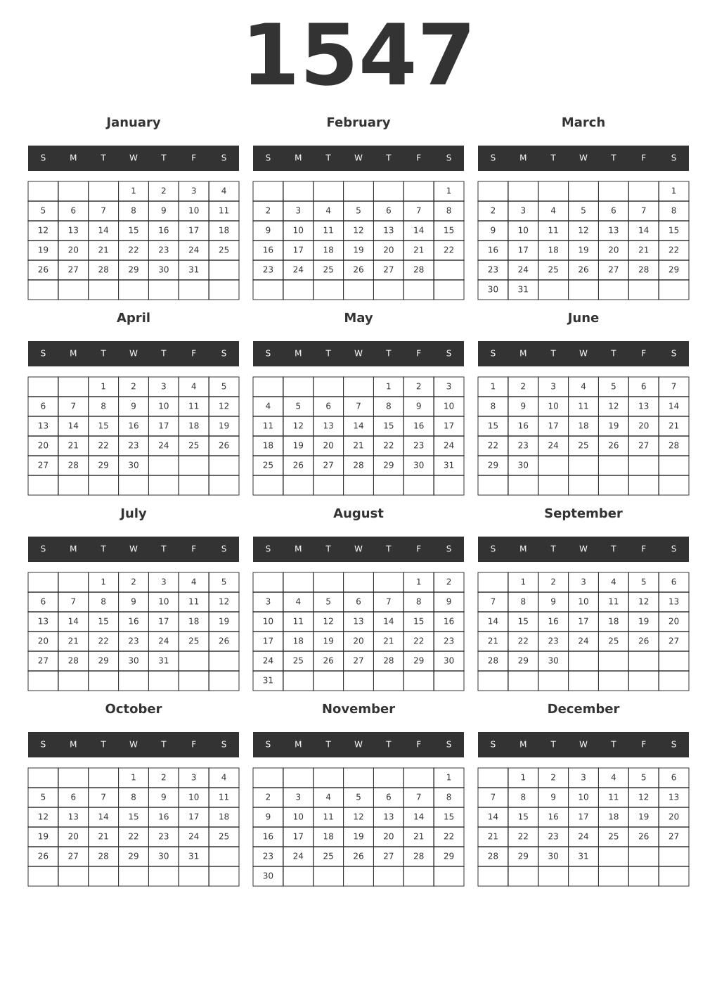 Printable 1547 Year Calendars dark