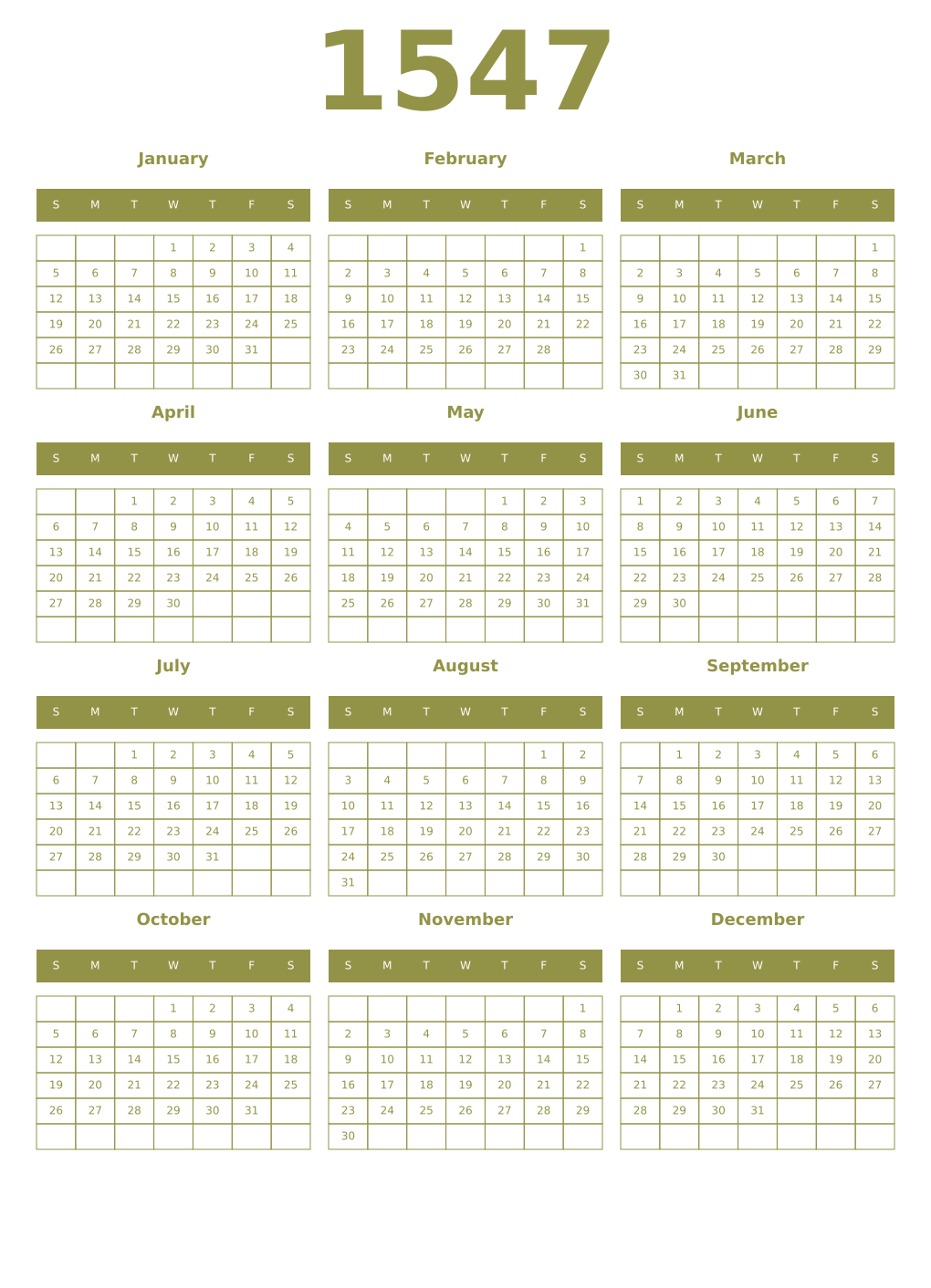 Printable 1547 Year Calendars eburnean