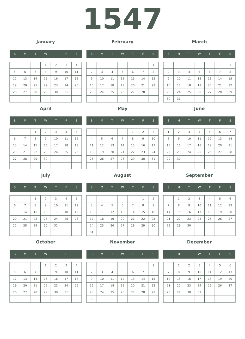 Printable 1547 Year Calendars feldgrau