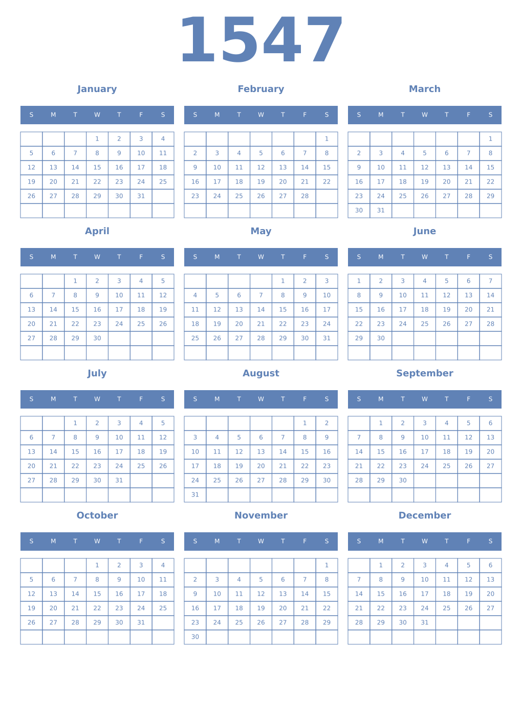 Printable 1547 Year Calendars glaucous