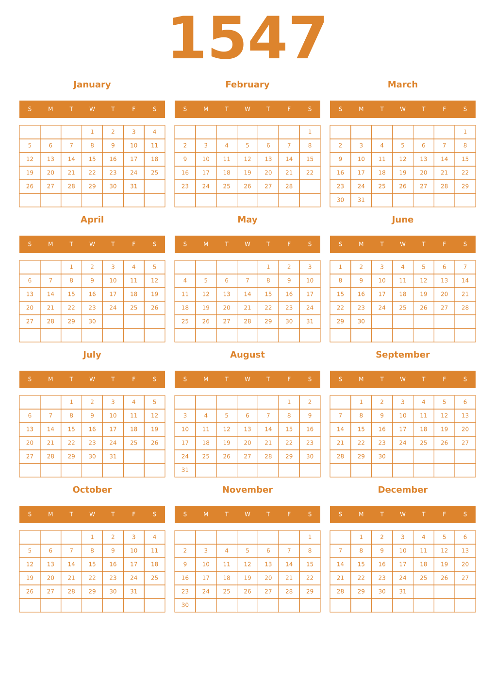 Printable 1547 Year Calendars orange