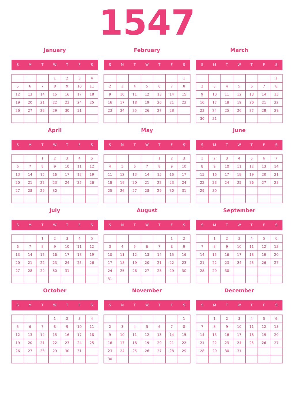 Printable 1547 Year Calendars pink