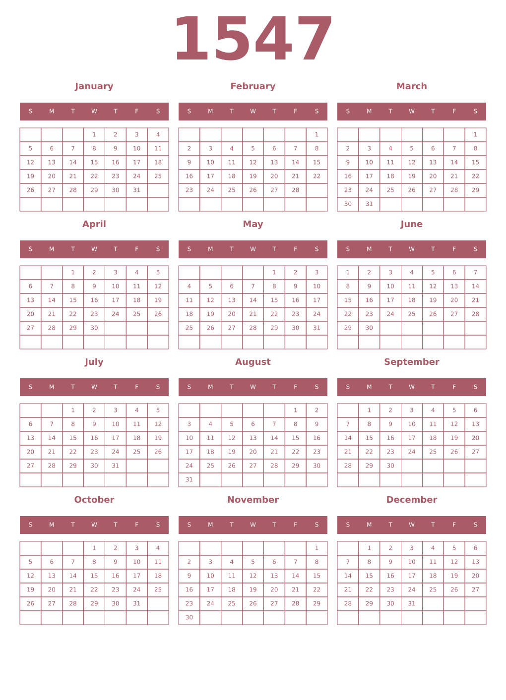 Printable 1547 Year Calendars puce