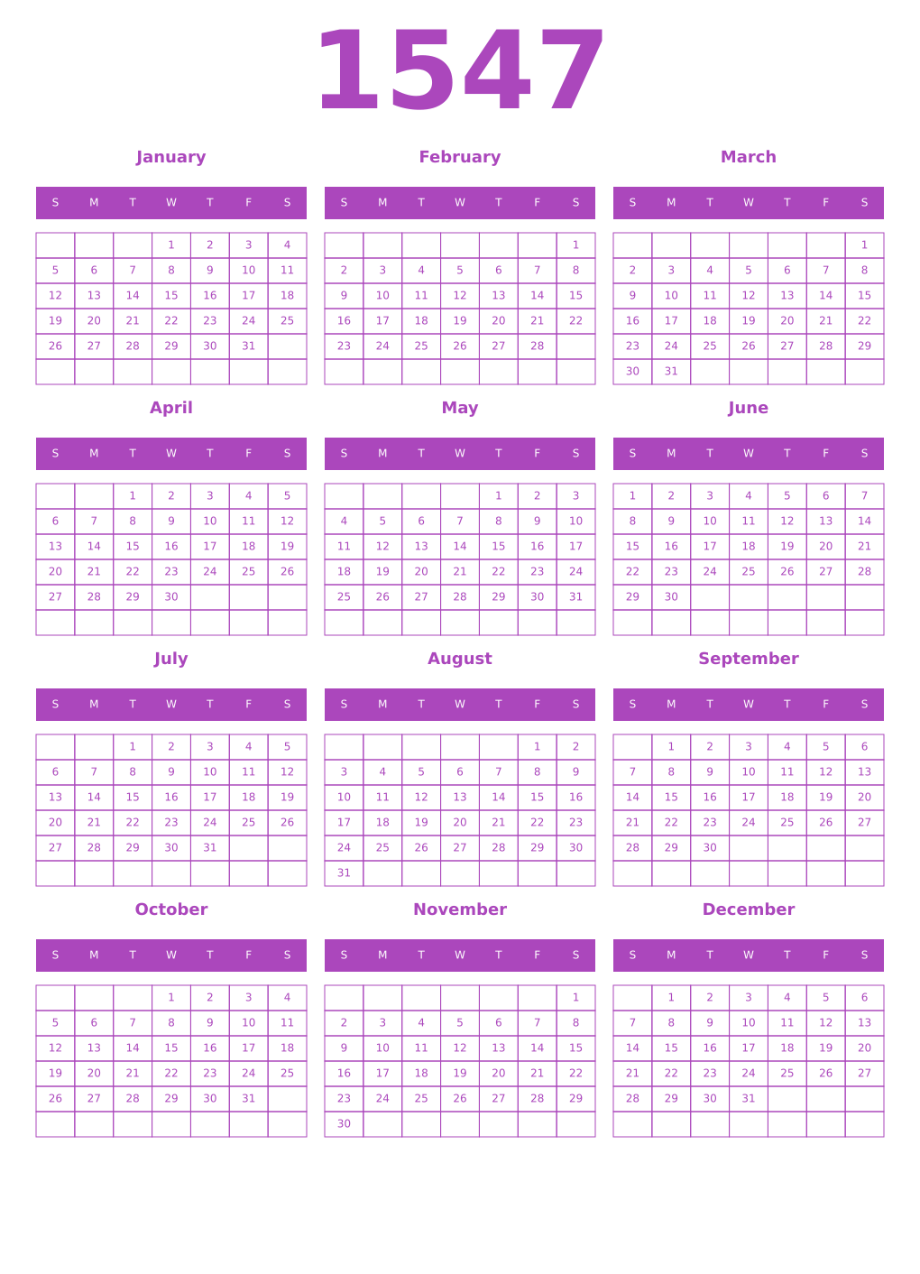 Printable 1547 Year Calendars purple