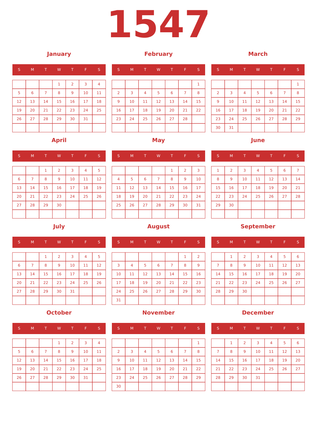 Printable 1547 Year Calendars red