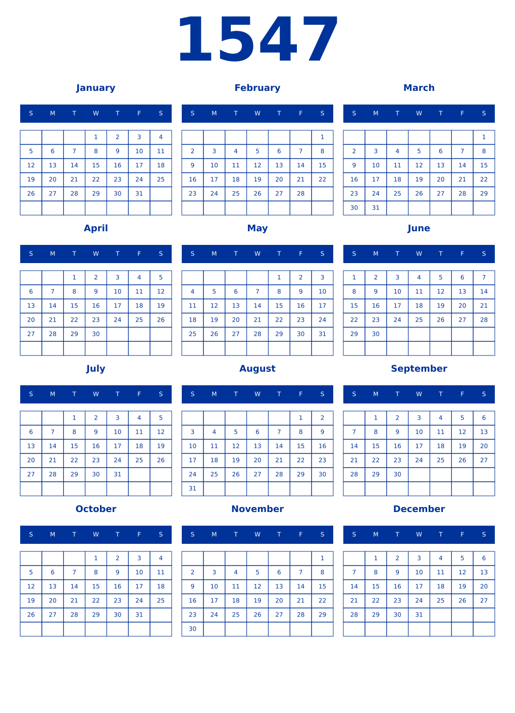 Printable 1547 Year Calendars smalt