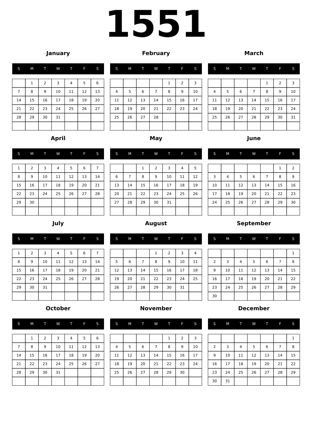 Printable 1551 Calendars