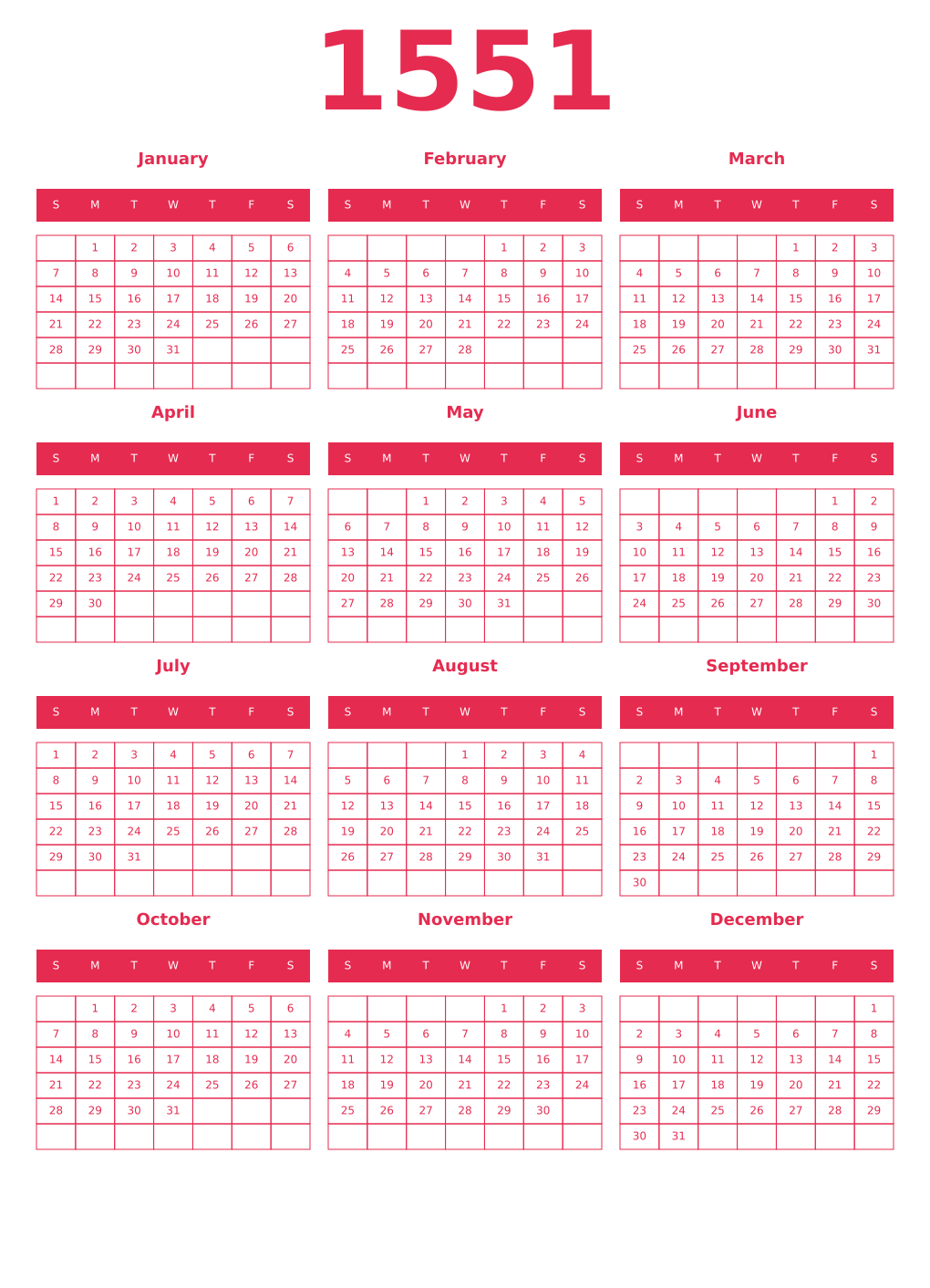 Printable 1551 Year Calendars amaranth