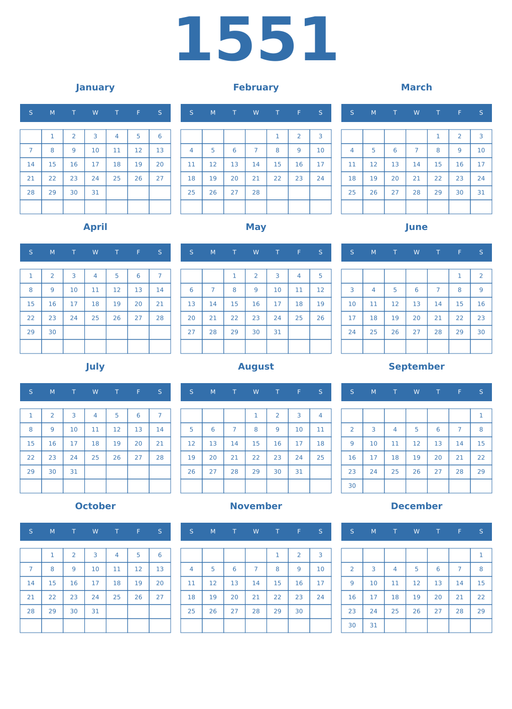 Printable 1551 Year Calendars blue