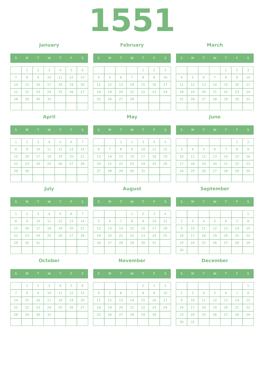 Printable 1551 Year Calendars celadon