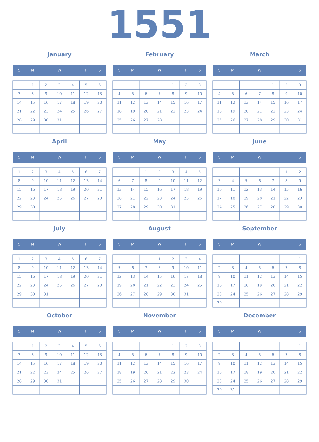 Printable 1551 Year Calendars glaucous