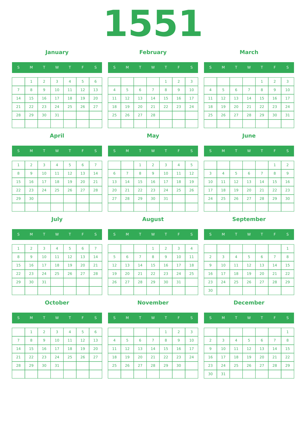 Printable 1551 Year Calendars green