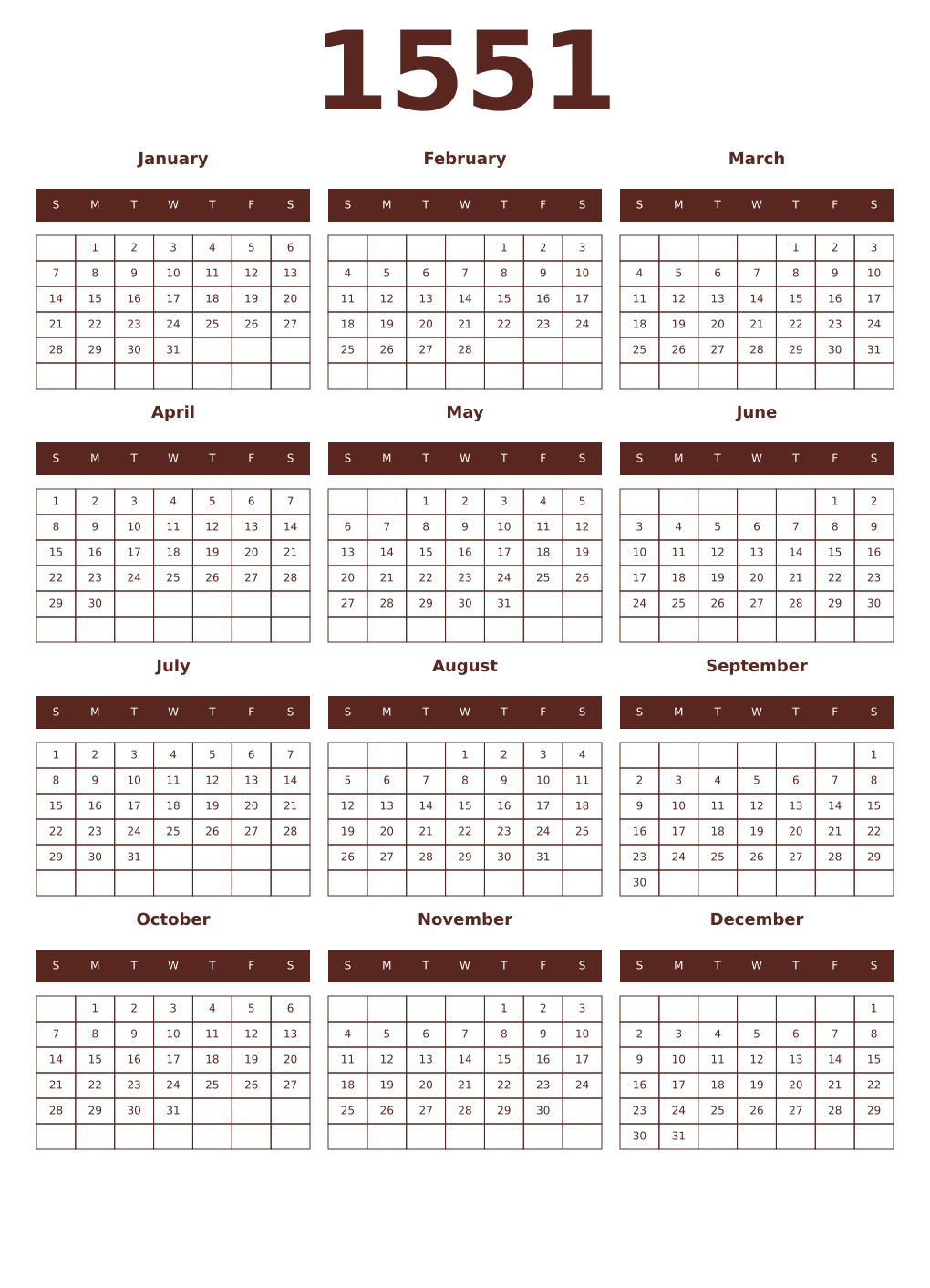 Printable 1551 Year Calendars mortuum