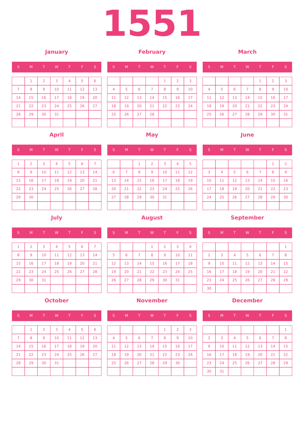 Printable 1551 Year Calendars pink