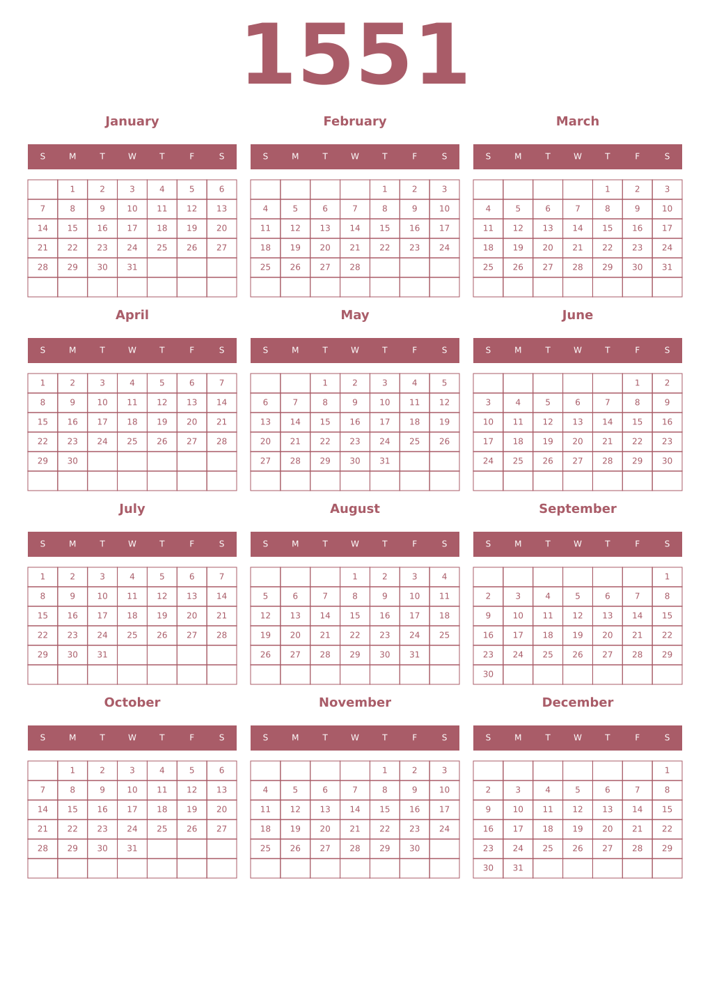 Printable 1551 Year Calendars puce