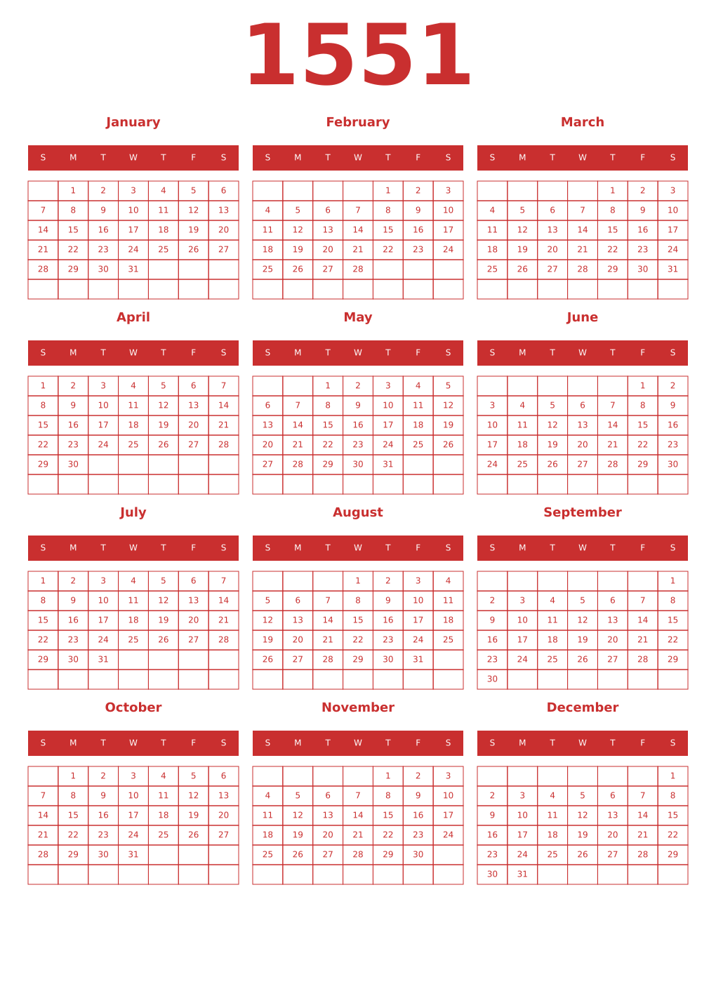 Printable 1551 Year Calendars red