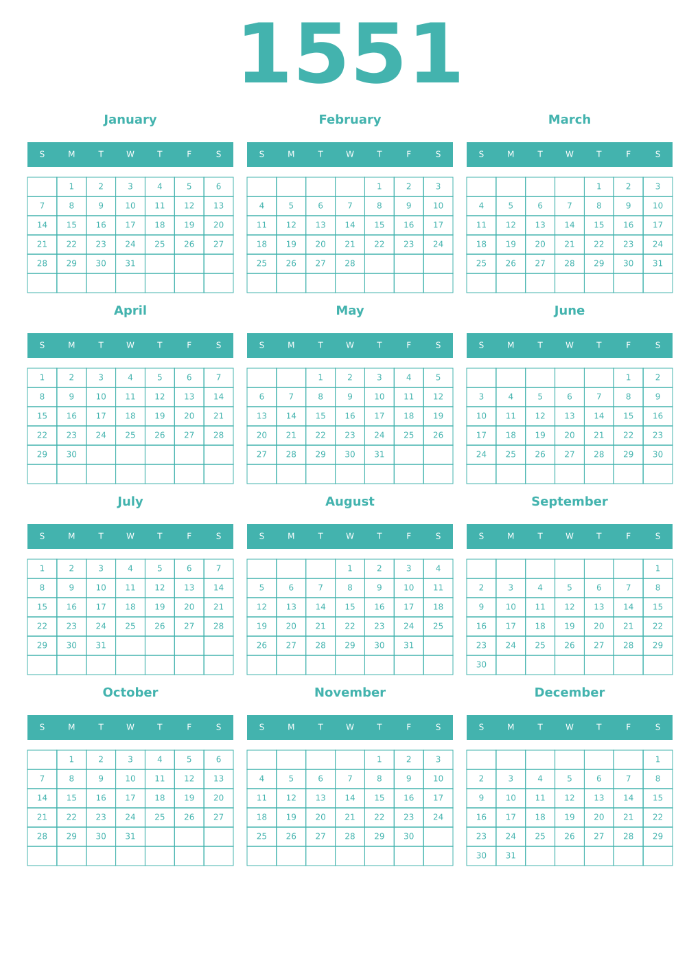 Printable 1551 Year Calendars verdigris