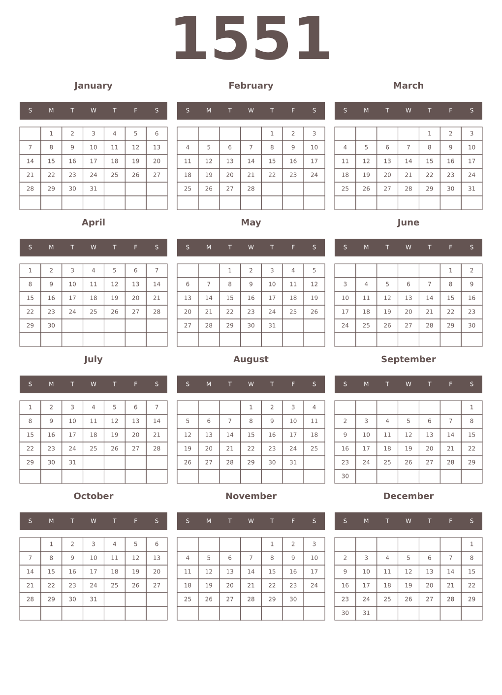 Printable 1551 Year Calendars wenge