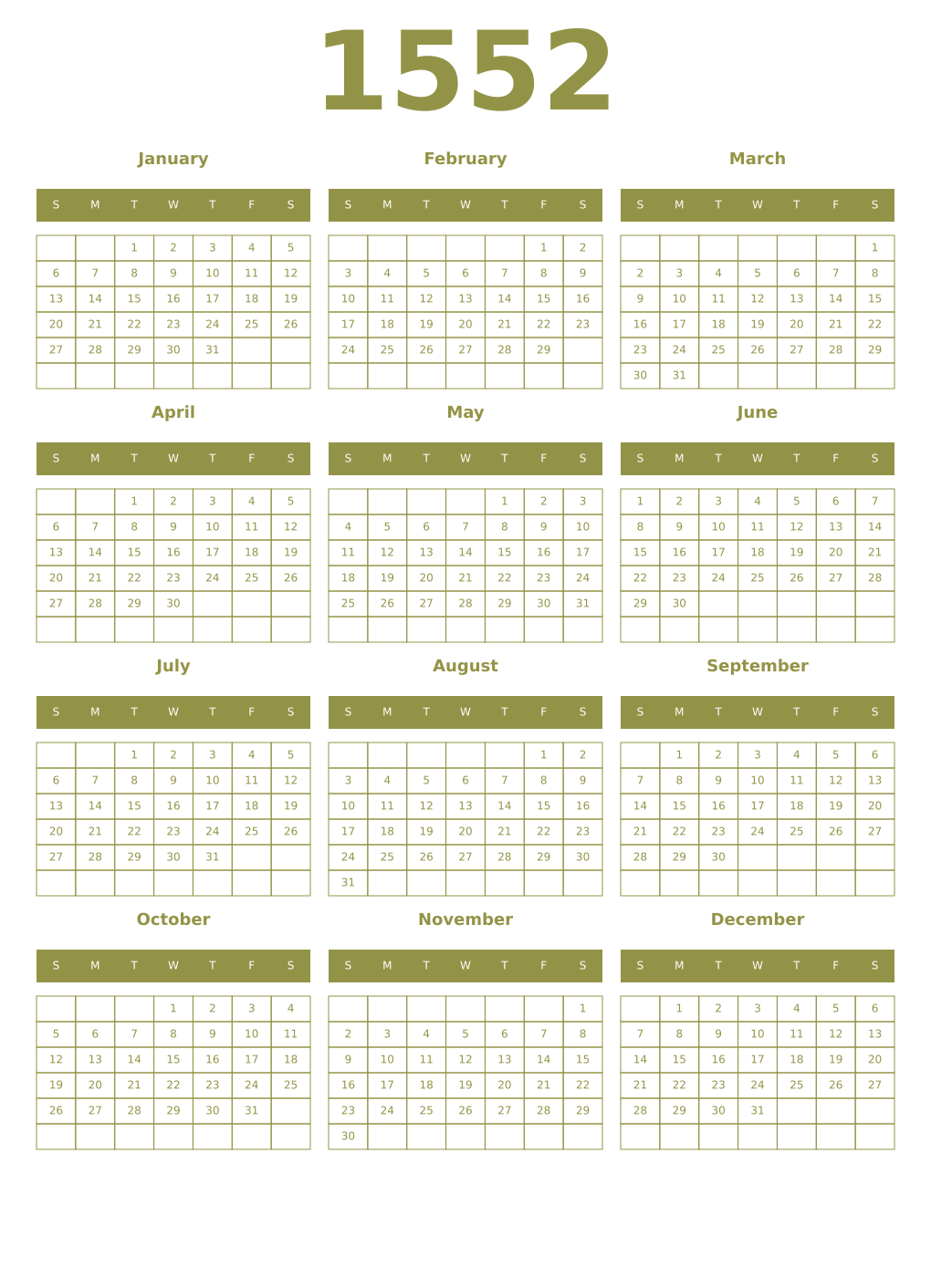 Printable 1552 Year Calendars eburnean