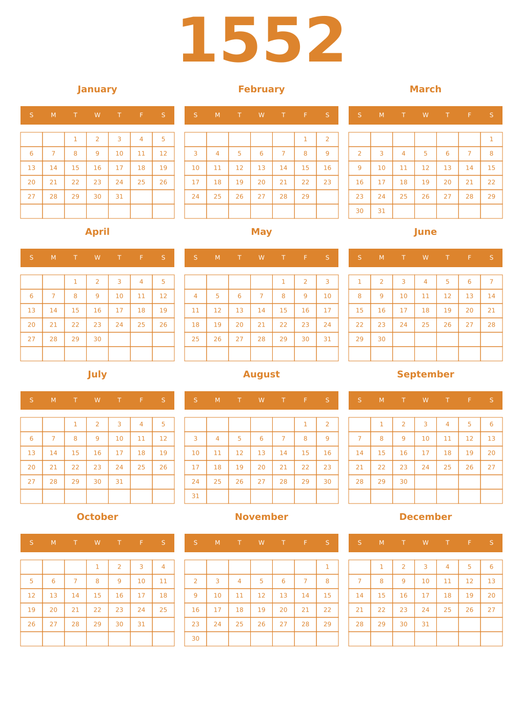 Printable 1552 Year Calendars orange