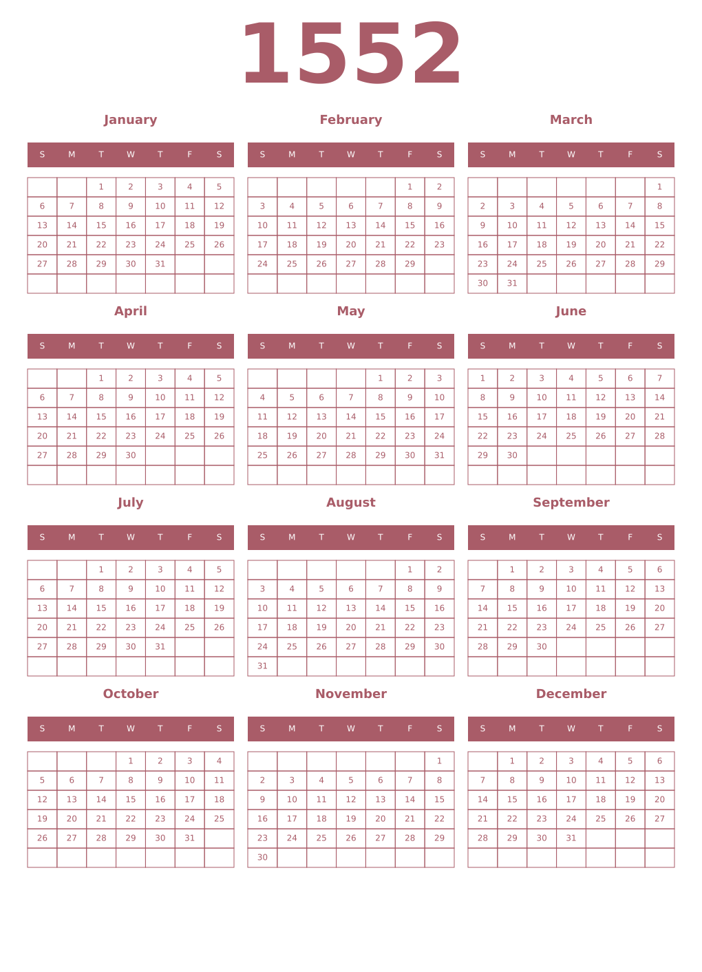 Printable 1552 Year Calendars puce