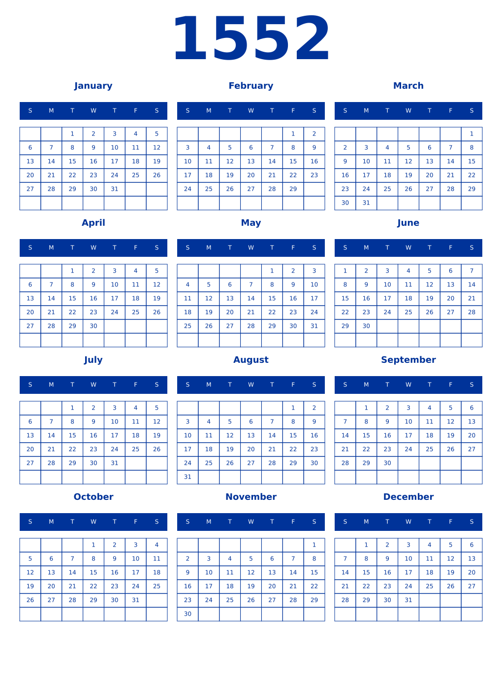 Printable 1552 Year Calendars smalt