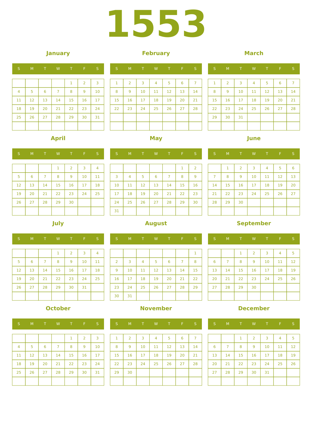 Printable 1553 Year Calendars chartreuse